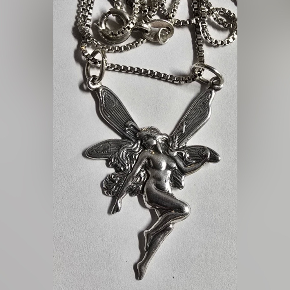 Sterling Silver Art Nouveau Fairy Pendant With 24in Box Chain Necklace